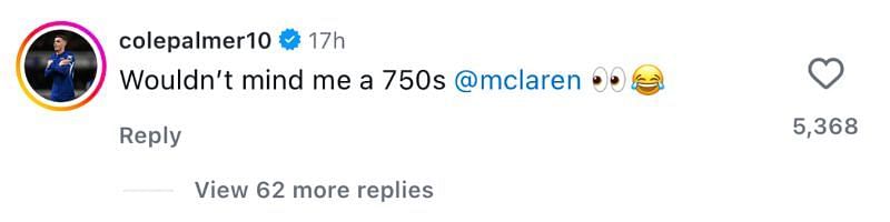 Cole Palmer's comment on McLaren's post